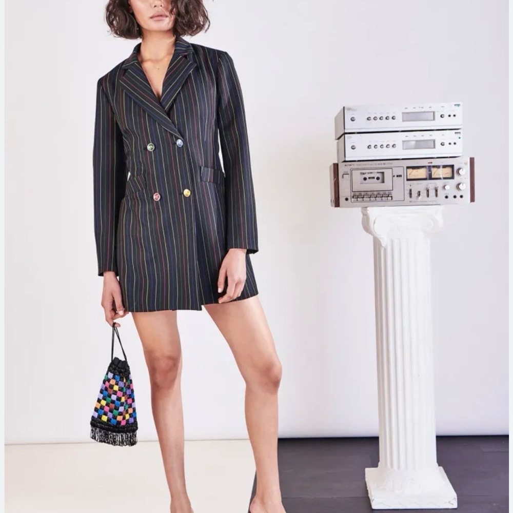 STAUD Black Pinstripe Double-Breasted Blazer Mini Dress with Multicolor Buttons